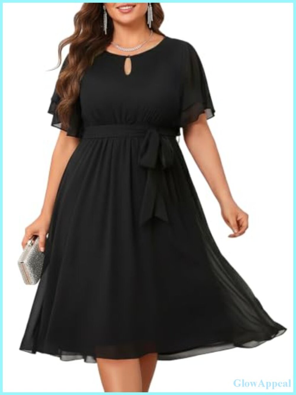 Plus Size Chiffon Cocktail Dress with Keyhole Neck & Belt